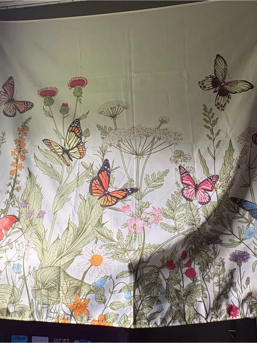 Floral Butterfly Tapestry Wall Hanging - White with Orange & Pink Accents